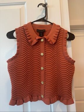 House of Harlow 1960 Rust Knit Sleeveless Cardigan with Ruffle Trim